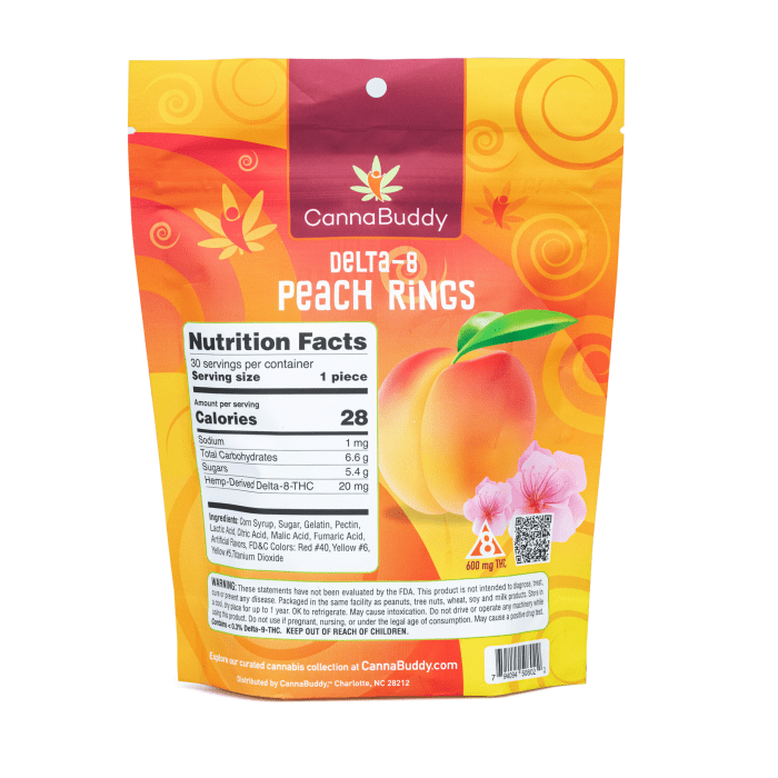 CannaBuddy Delta-8 Peach Rings (600 mg Total Delta-8-THC) - Bag Back