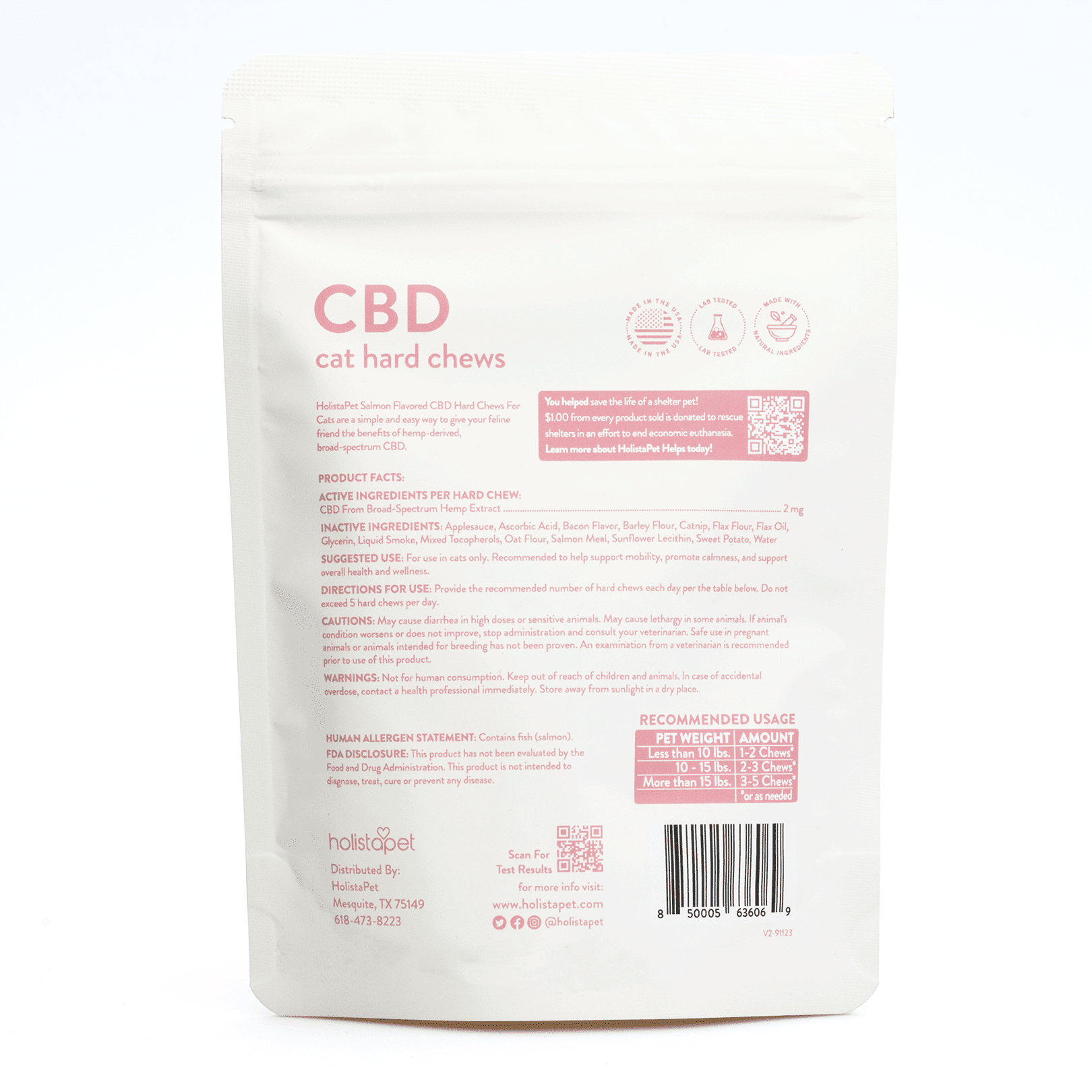 HolistaPet CBD Cat Treats (150 mg Total CBD) - Bag Back