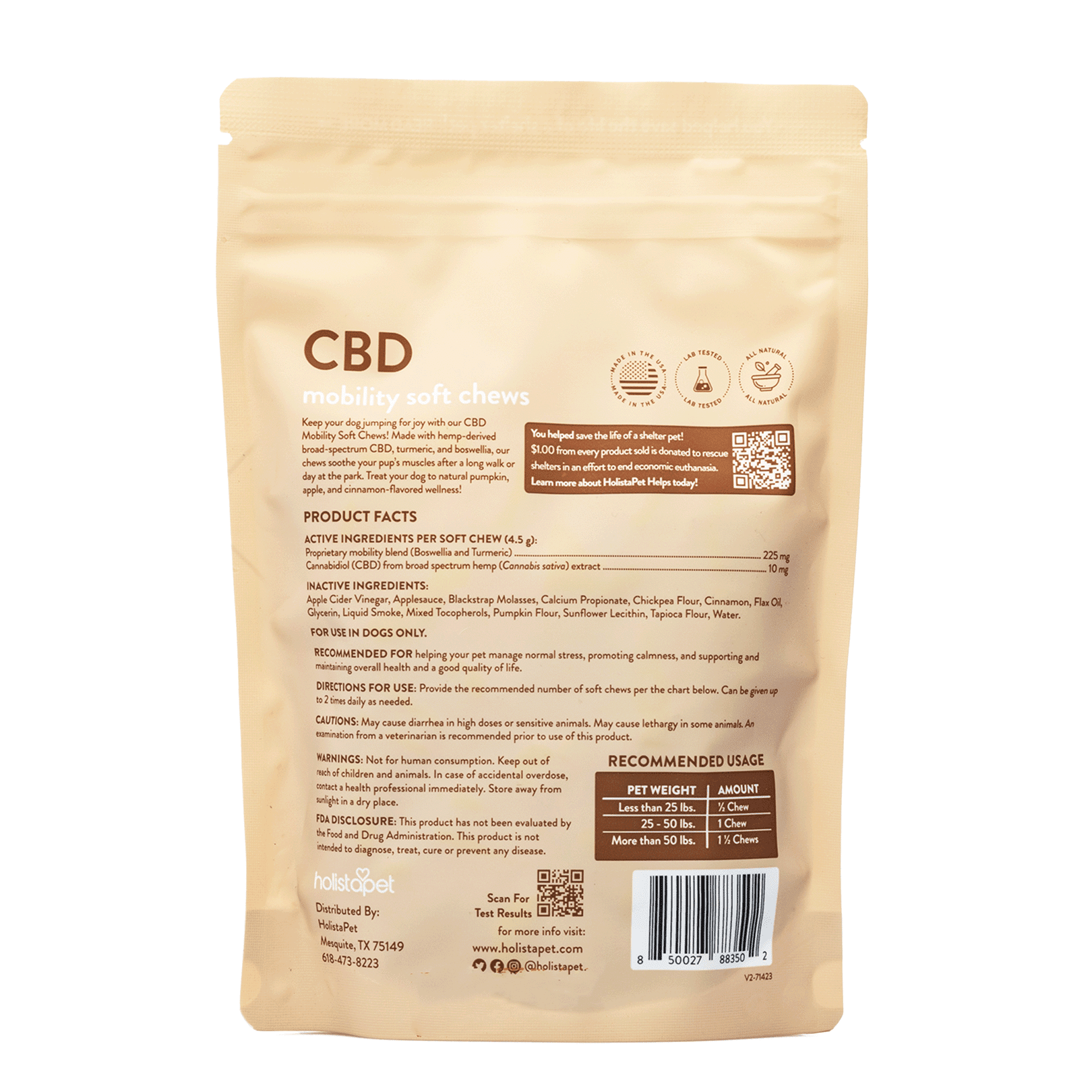 HolistaPet CBD Dog Treats + Joint and Mobility Care (300 mg Total CBD) - Bag Back