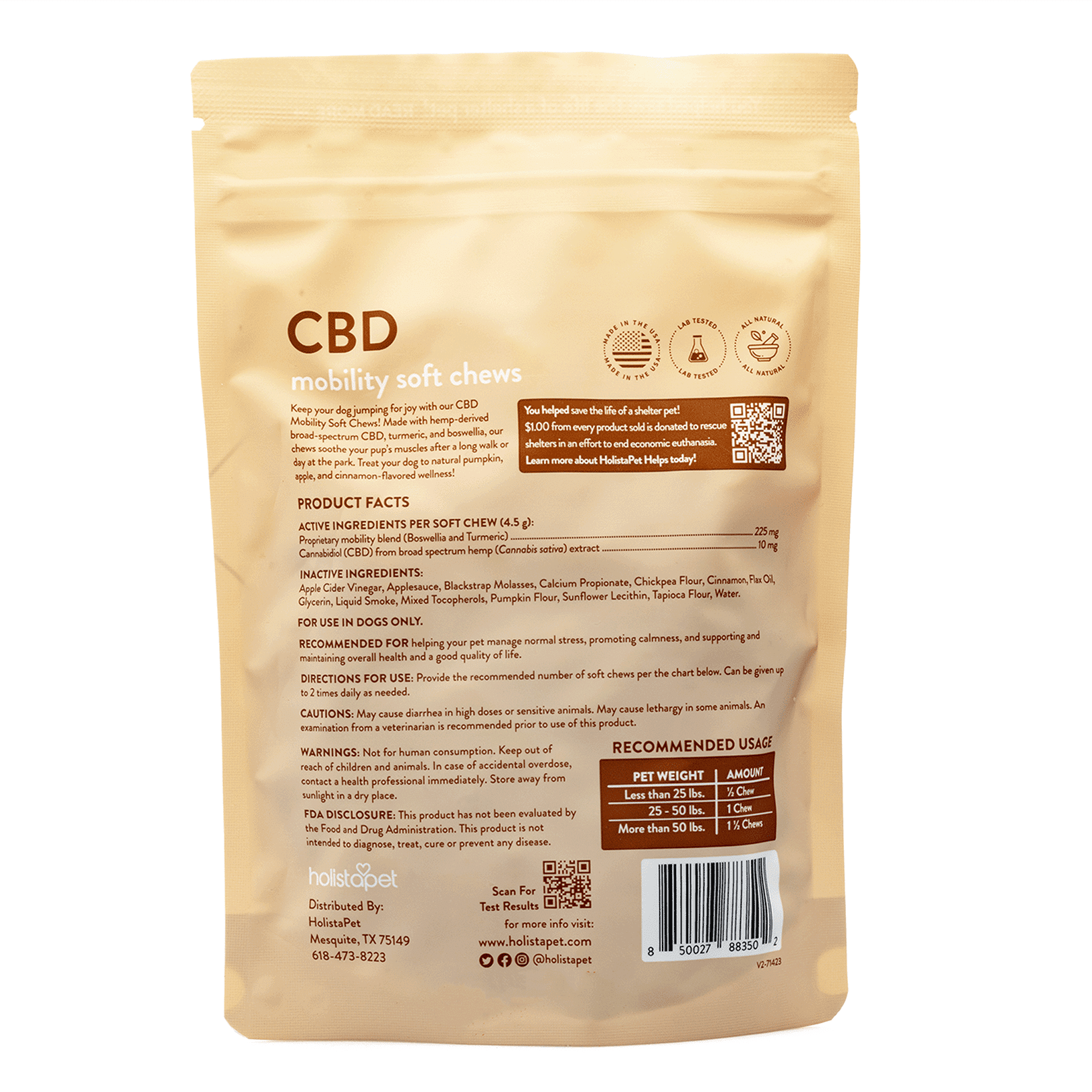HolistaPet CBD Mobility Soft Chews for Dogs (300 mg Total CBD) - Bag Back