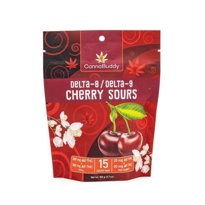 CannaBuddy Delta-8 Delta-9 Cherry Sours (300 mg Total Delta-8-THC + 300 mg Total Delta-9-THC) - Bag Front