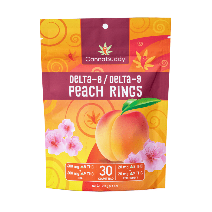 CannaBuddy Delta 8 / Delta 9 Peach Rings (600 mg Total Delta 8 THC + 600 mg Total Delta 9 THC) - Image 2