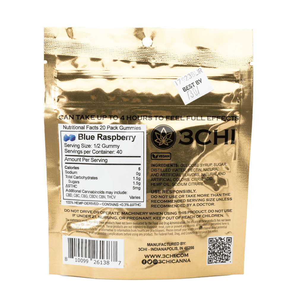 3Chi Delta-9-THC Gummies - Blue Raspberry (200 mg Total Delta-9-THC) - Bag Back