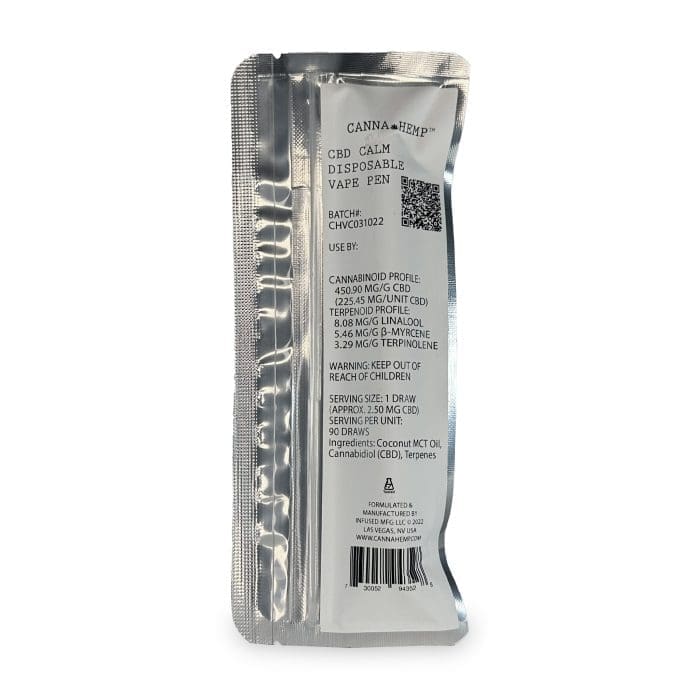 Canna Hemp Calm CBD Disposable Vape Pen Back of Package