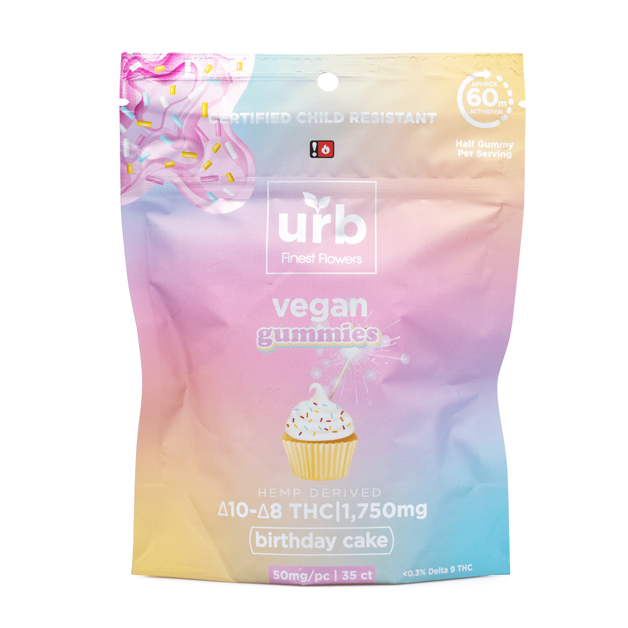 Urb Delta 8 Delta 10 Gummies - Birthday Cake (1575 mg Total Delta 8 THC + 175 mg Total Delta 10 TH - Bag Front
