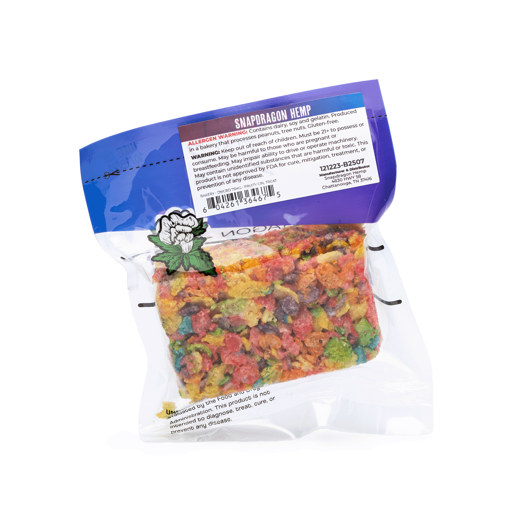 Snapdragon Delta 9 Live Resin and CBD Fruity Cereal Treat (37.5 mg Delta 9 THC 37.5 mg CBD T - bag back