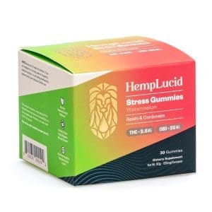 Hemplucid Stress Mushroom Gummies – Watermelon (750 mg Total CBD + 75 mg Total Delta 9 THC) - box front
