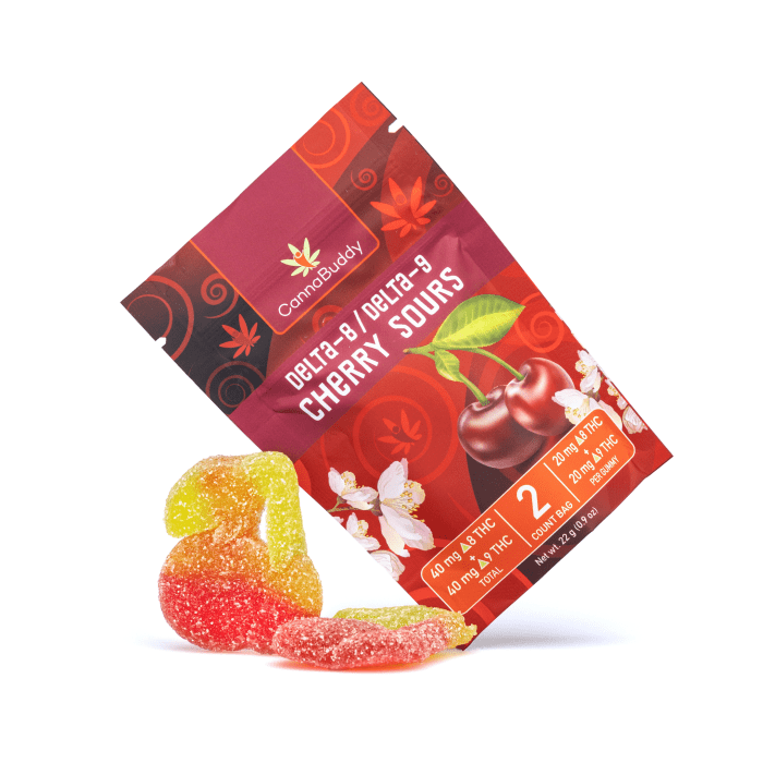 CannaBuddy Delta-8 Delta-9 Cherry Sours (40 mg Delta-8-THC + 40 mg Delta-9-THC Total) - Combo