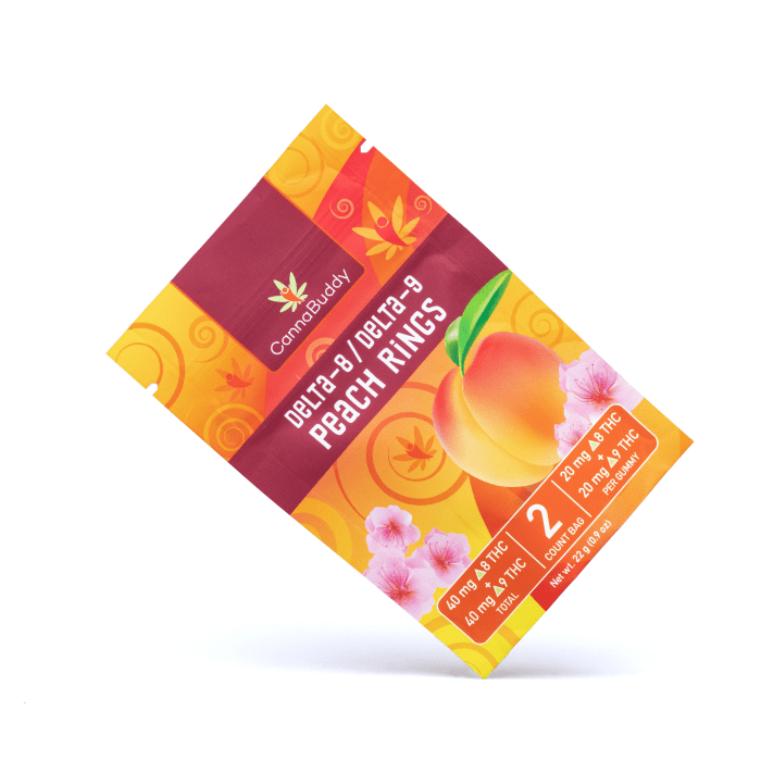 CannaBuddy Delta 8 / Delta 9 Peach Rings (40 mg Delta 8 THC + 40 mg Delta 9 THC Total) - Image 2