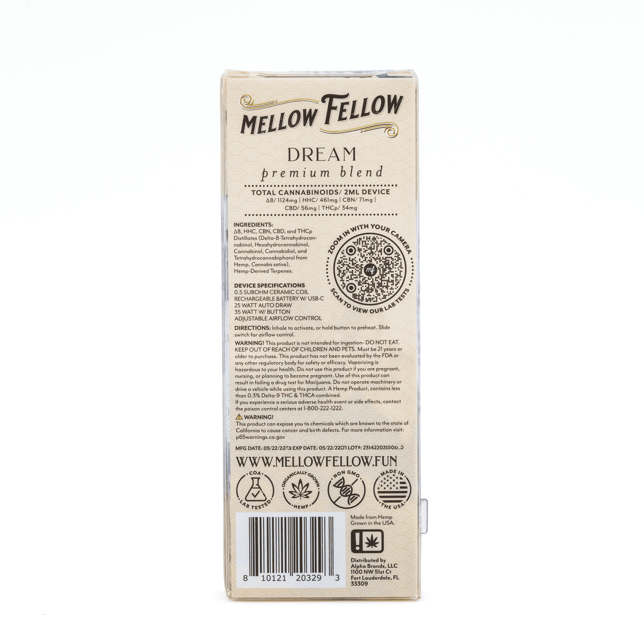 Mellow Fellow 2 gram Dream Blend Disposable Vape - Double Dream - Box Back