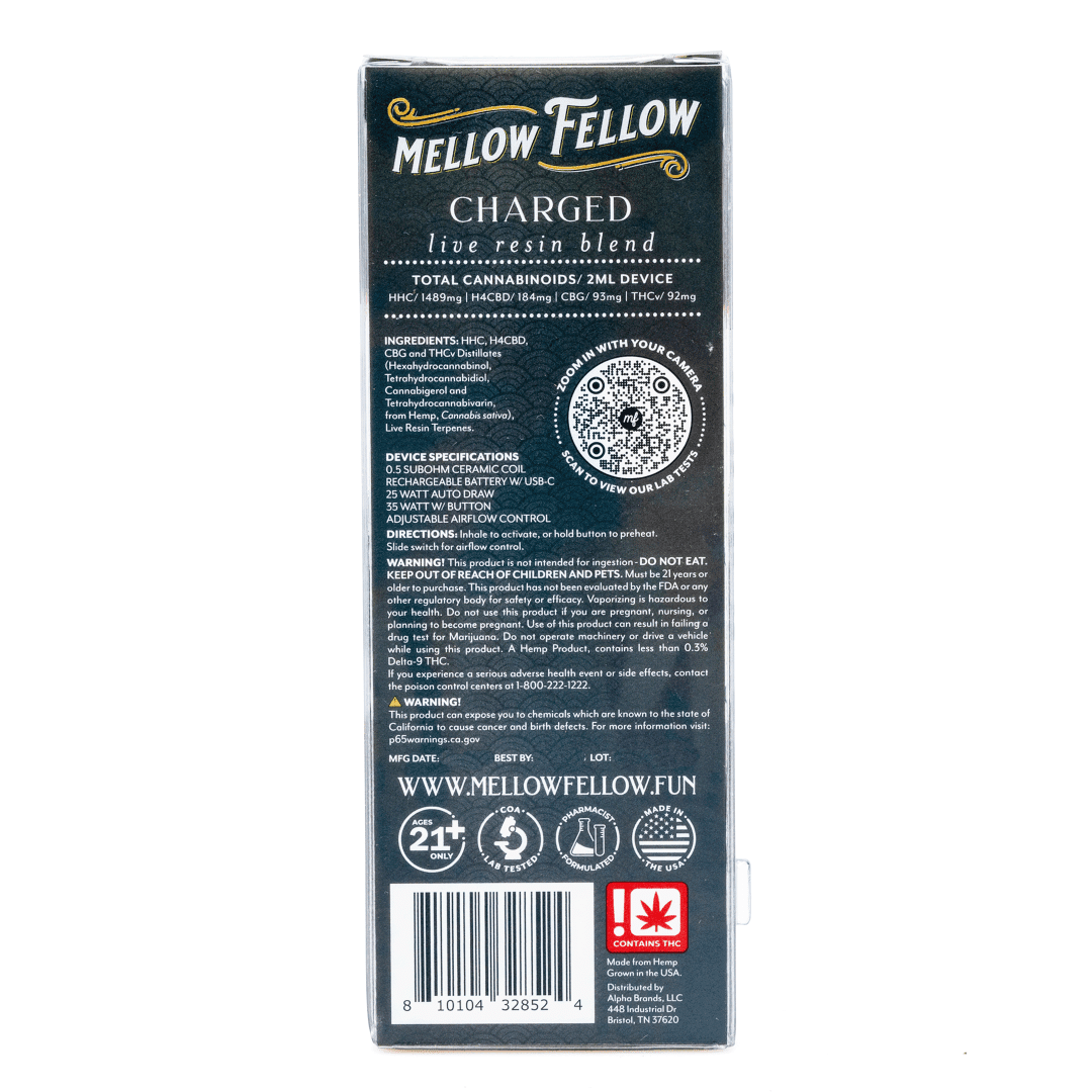 Mellow Fellow Charged Blend Live Resin Disposable Vape - Ghost Train Haze - box back