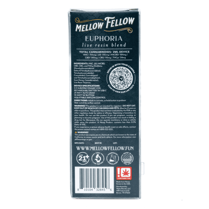 Mellow Fellow Euphoria Blend Live Resin Disposable Vape - Green Crack - box back