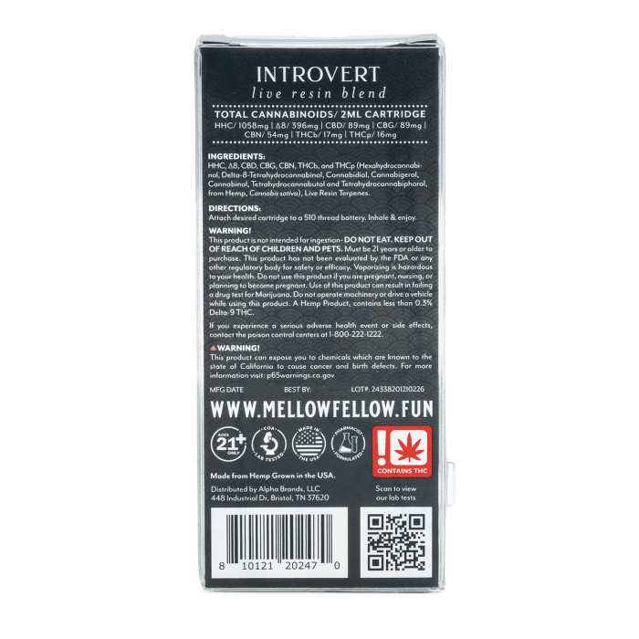 Mellow Fellow Introvert Blend Live Resin Vape Cartridge - AK47 - Box Back