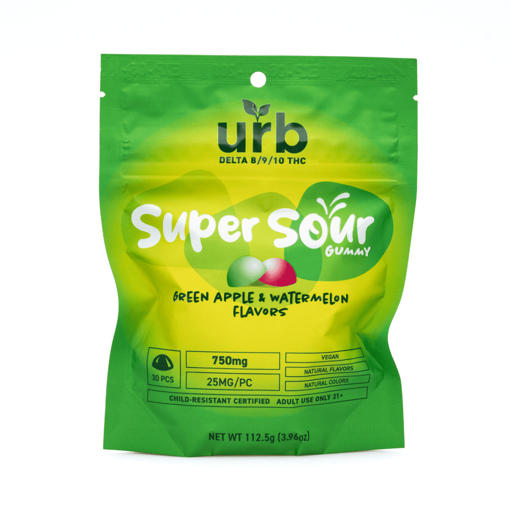 Urb Delta-8 Delta-9 Delta-10-THC Super Sour Gummies - Green Apple and Watermelon - Bag Front