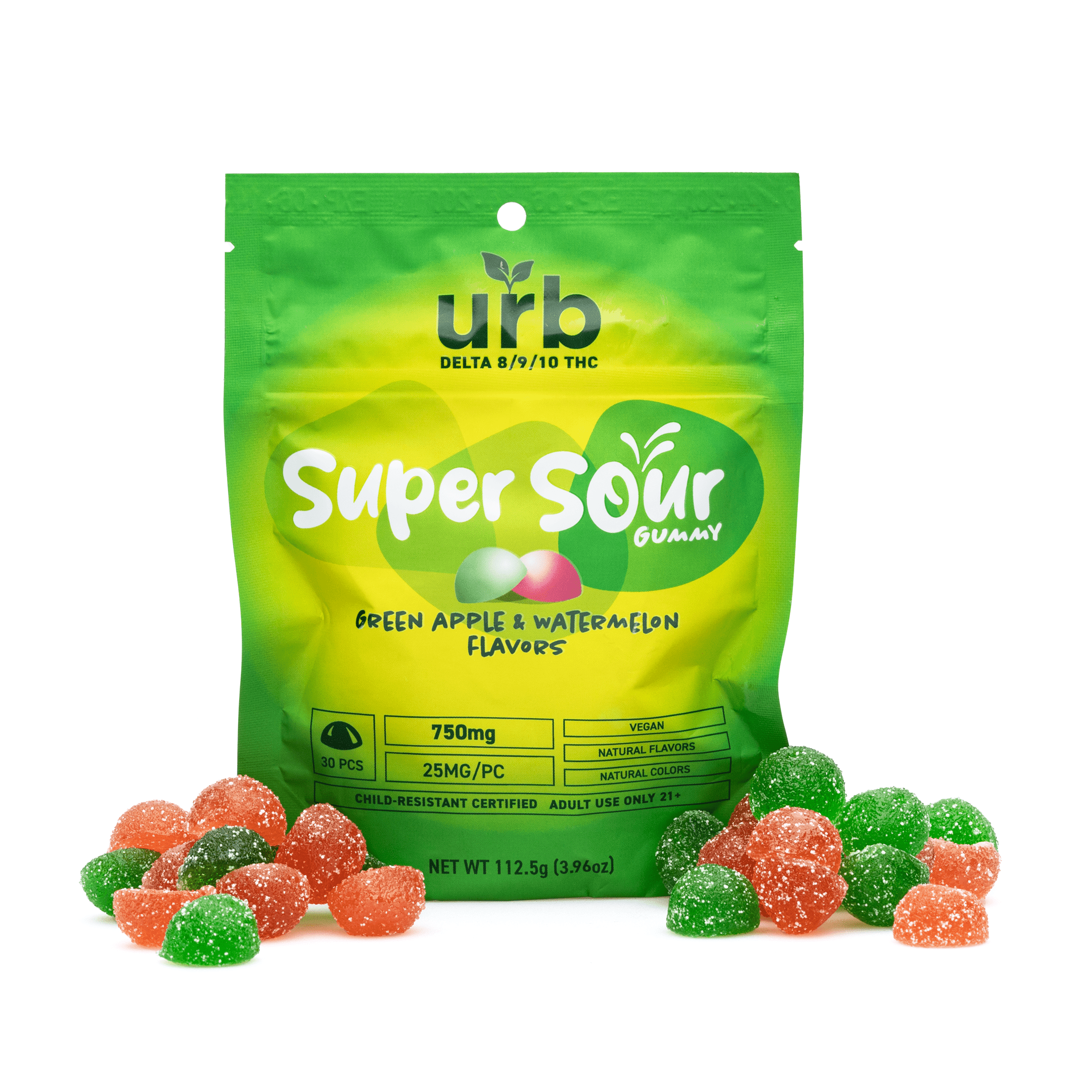 Urb Delta-8 Delta-9 Delta-10-THC Super Sour Gummies - Green Apple and Watermelon - Combo