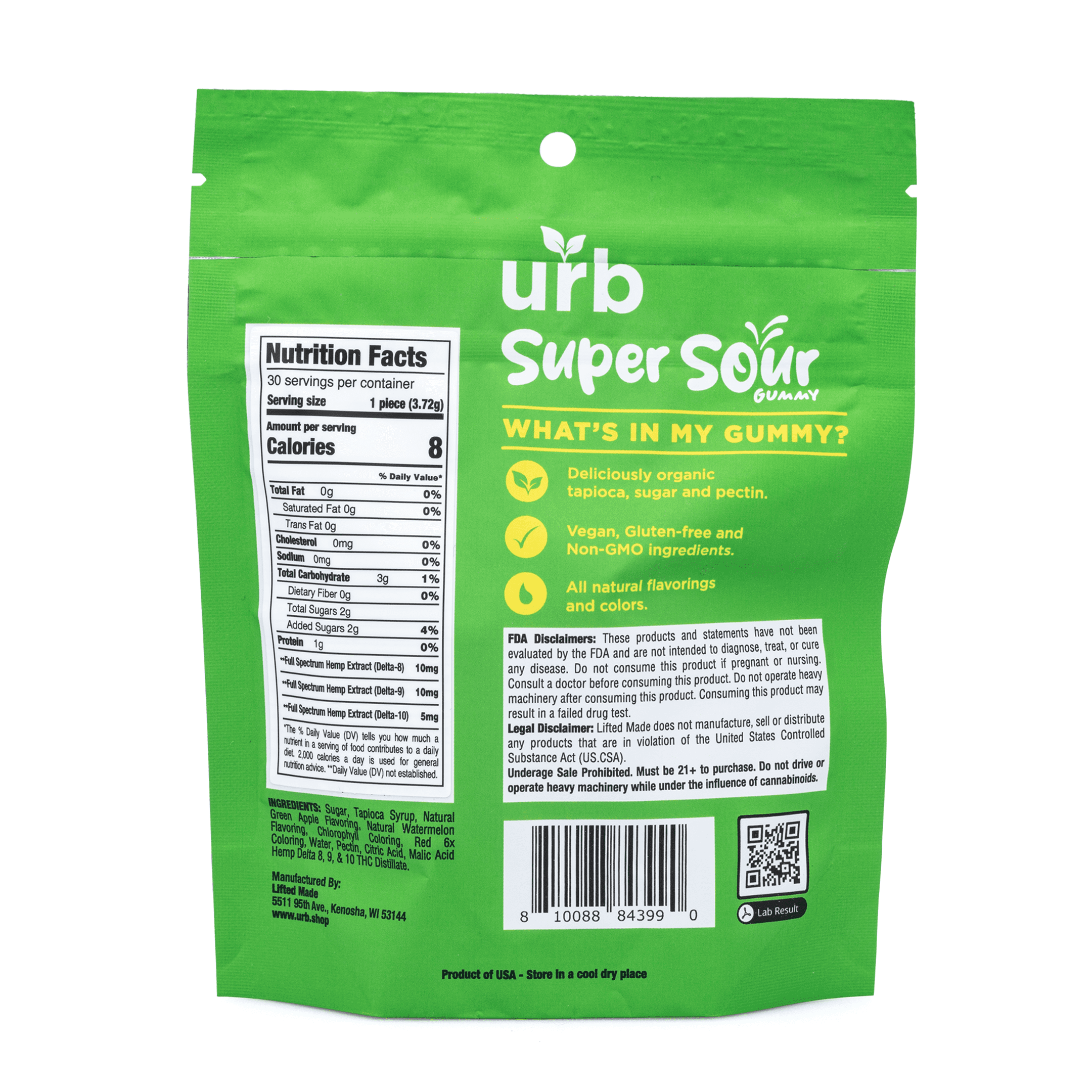 Urb Delta 8 Delta 9 Delta 10 THC Super Sour Gummies - Green Apple and Watermelon - back