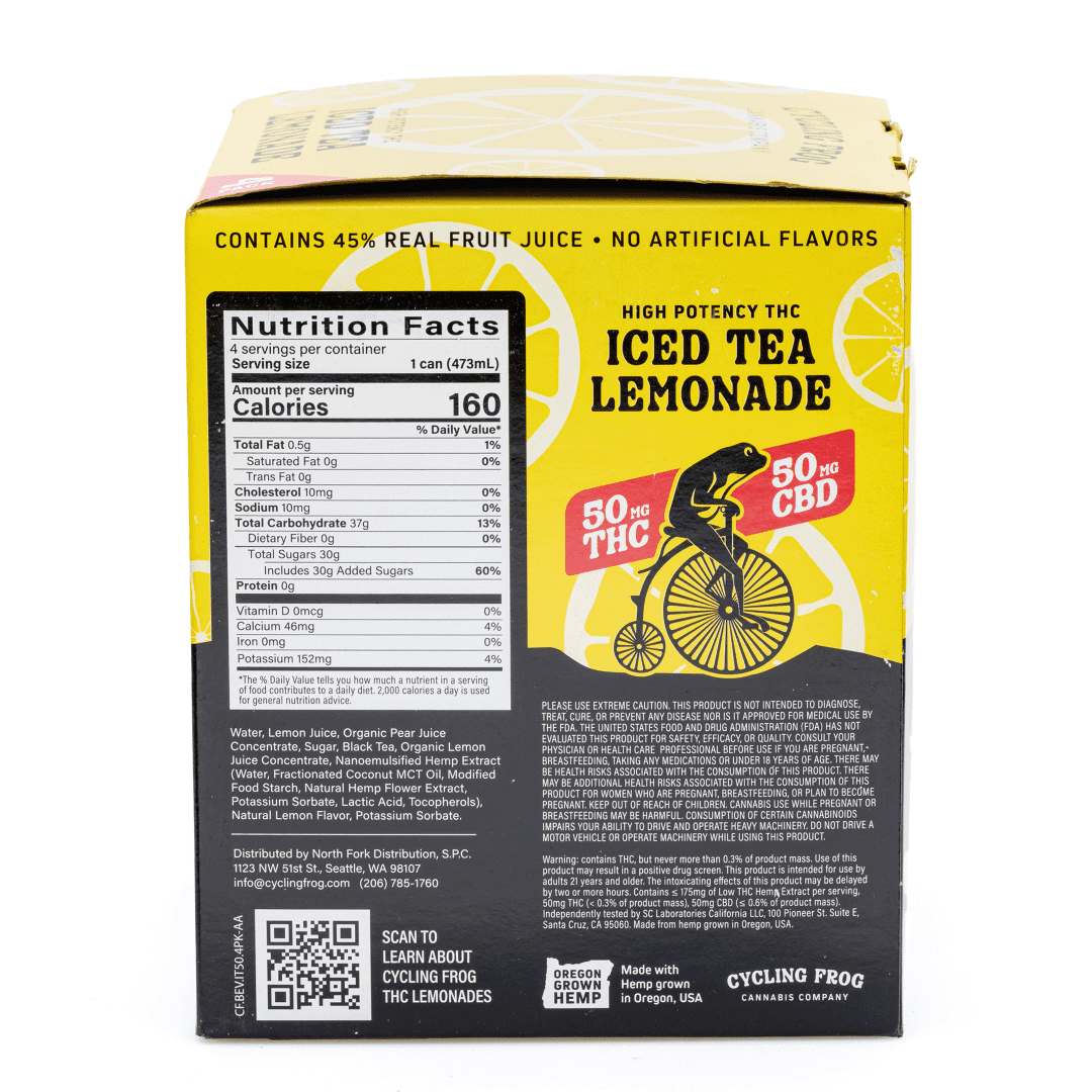 Cycling Frog High Potency THC + CBD Seltzer 4 Pack – Iced Tea Lemonade (200 mg Delta 9 THC + 200 mg CBD Total) - box back