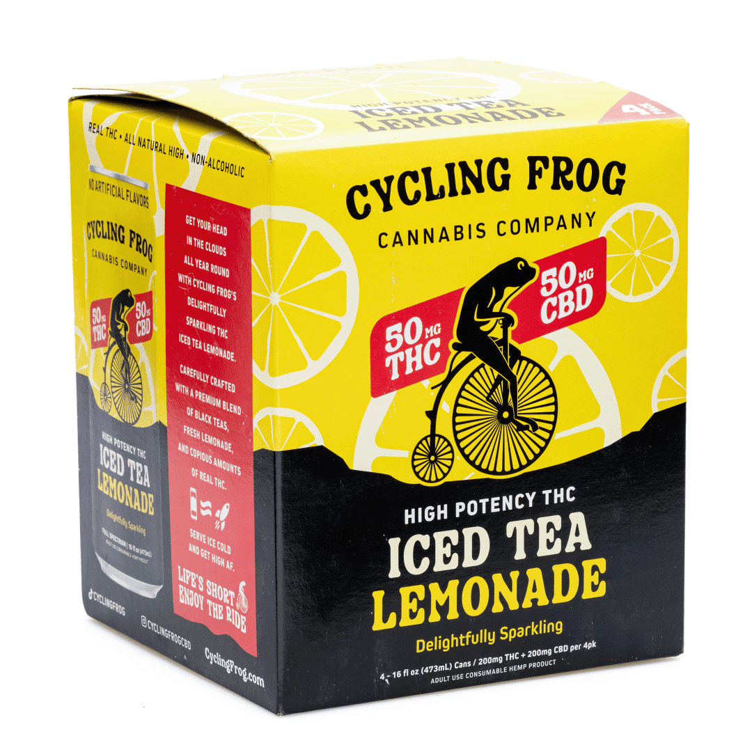 Cycling Frog High Potency THC + CBD Seltzer 4 Pack – Iced Tea Lemonade (200 mg Delta 9 THC + 200 mg CBD Total) - box front