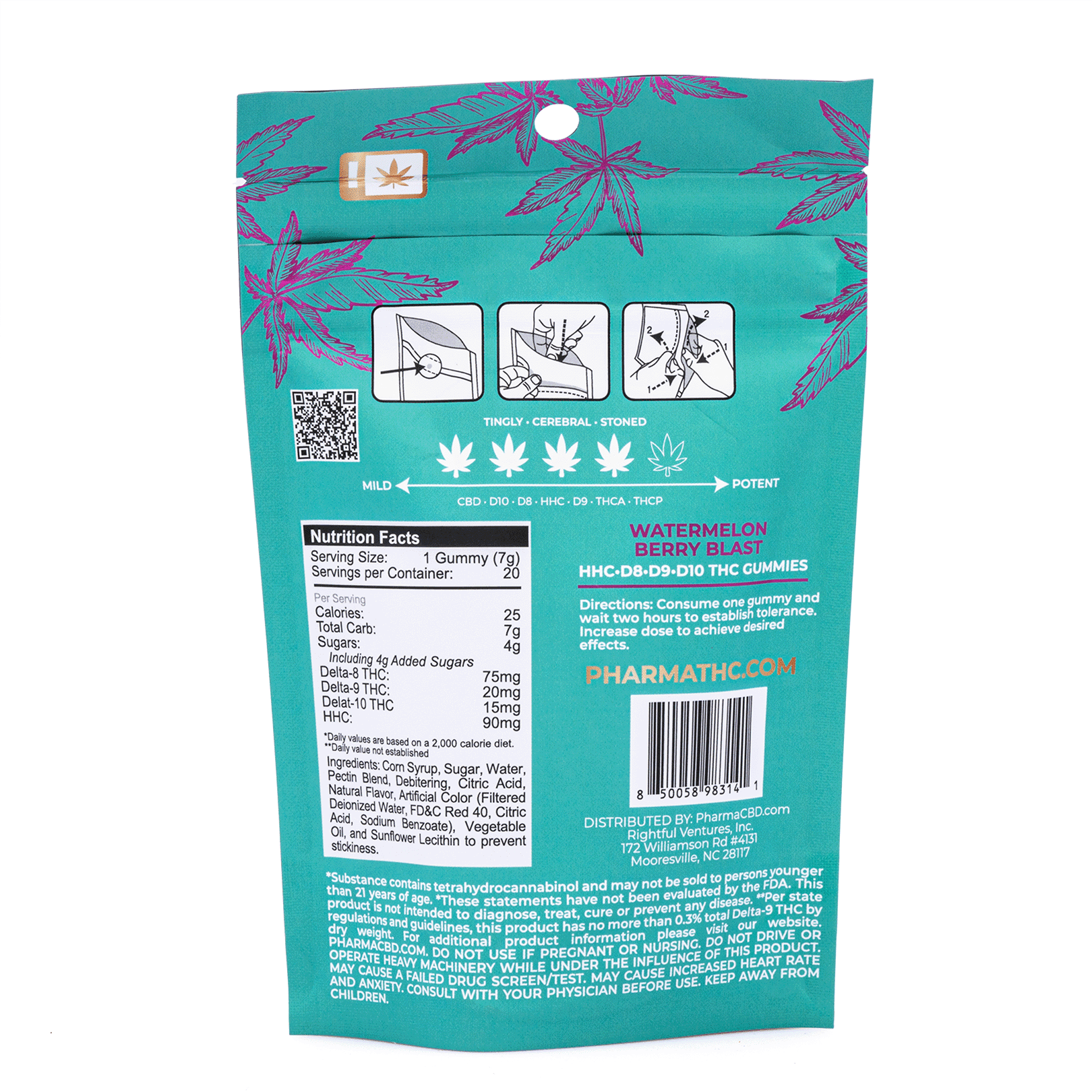 PharmaTHC Euphoria Blend Gummies - Watermelon Berry Blast (4000 mg Total Cannabinoids) - Bag Back