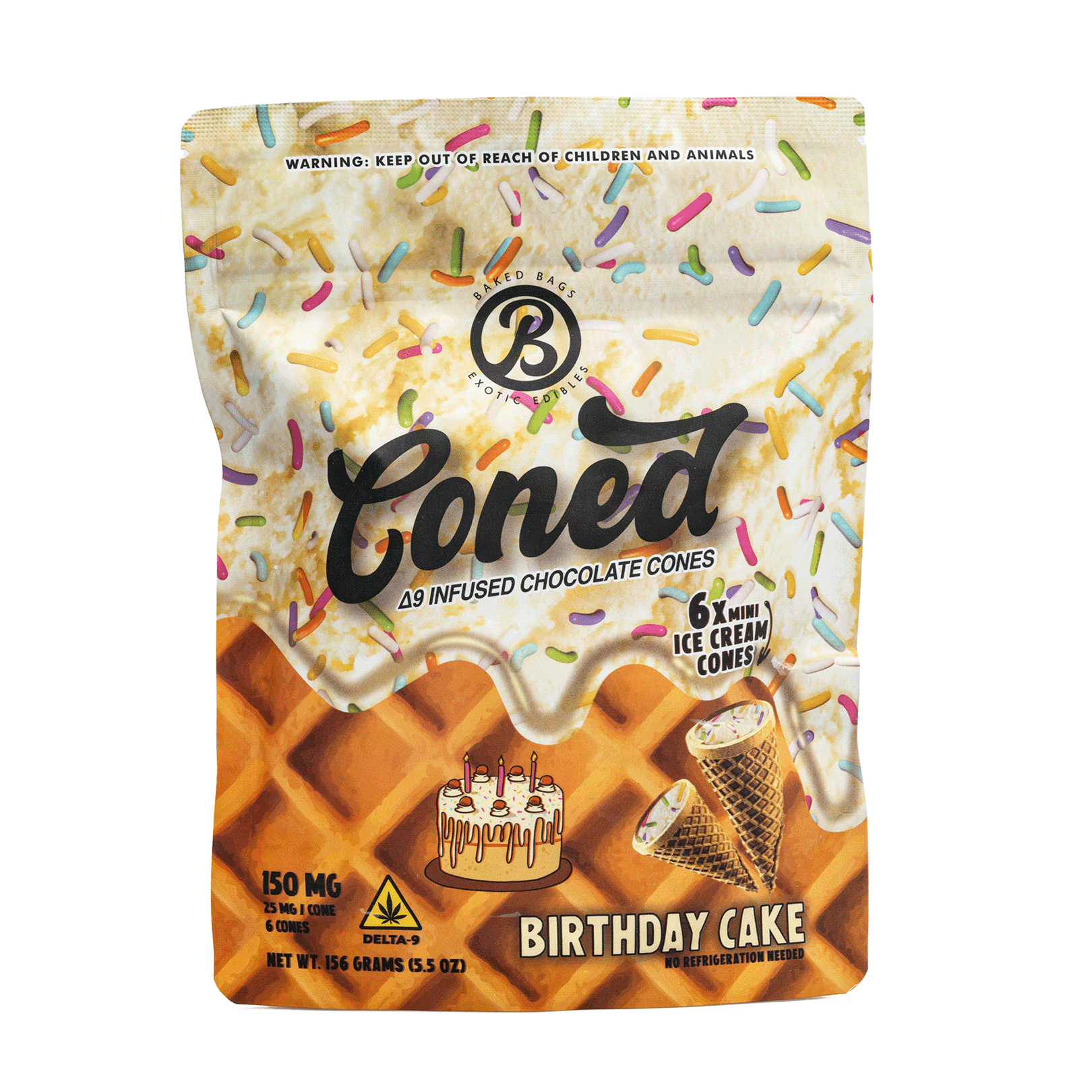 Baked Bags Delta 9 THC Coned - Birthday Cake (150 mg Total Delta 9 THC) - Bag Front