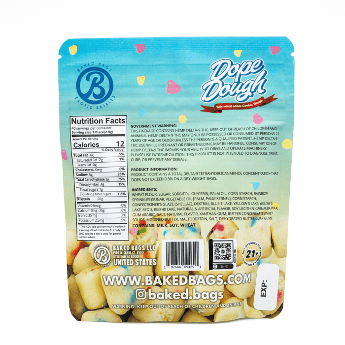 Baked Bags Delta 9 THC Dope Dough - Birthday Cake (200 mg Total Delta 9 THC) - Bag Back
