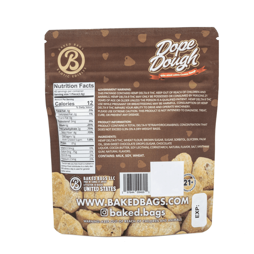 Baked Bags Delta 9 THC Dope Dough - Chocolate Chip (200 mg Total Delta 9 THC) - Bag Back