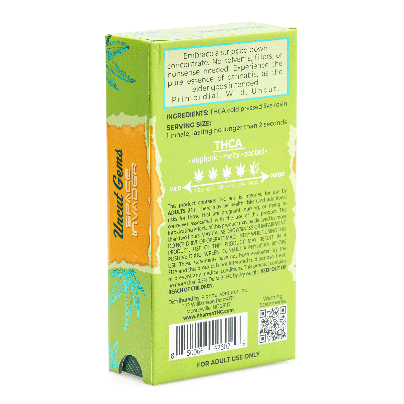 PharmaTHC Uncut Gems THCa Live Rosin Vape Cartridge - Space Invader (.5 gram) - Box Back