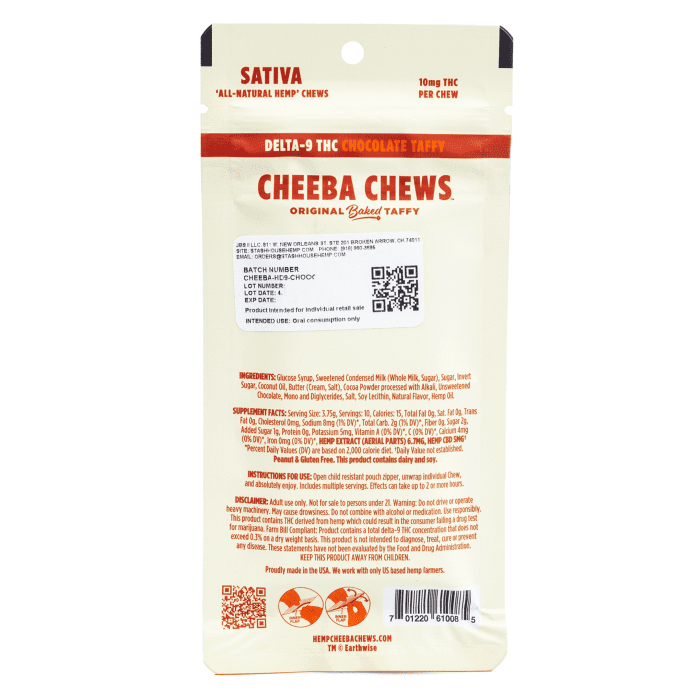 Cheeba Chews Delta 9 Chocolate Taffy - Sativa (100 mg Delta 9 THC Total) - Bag Back