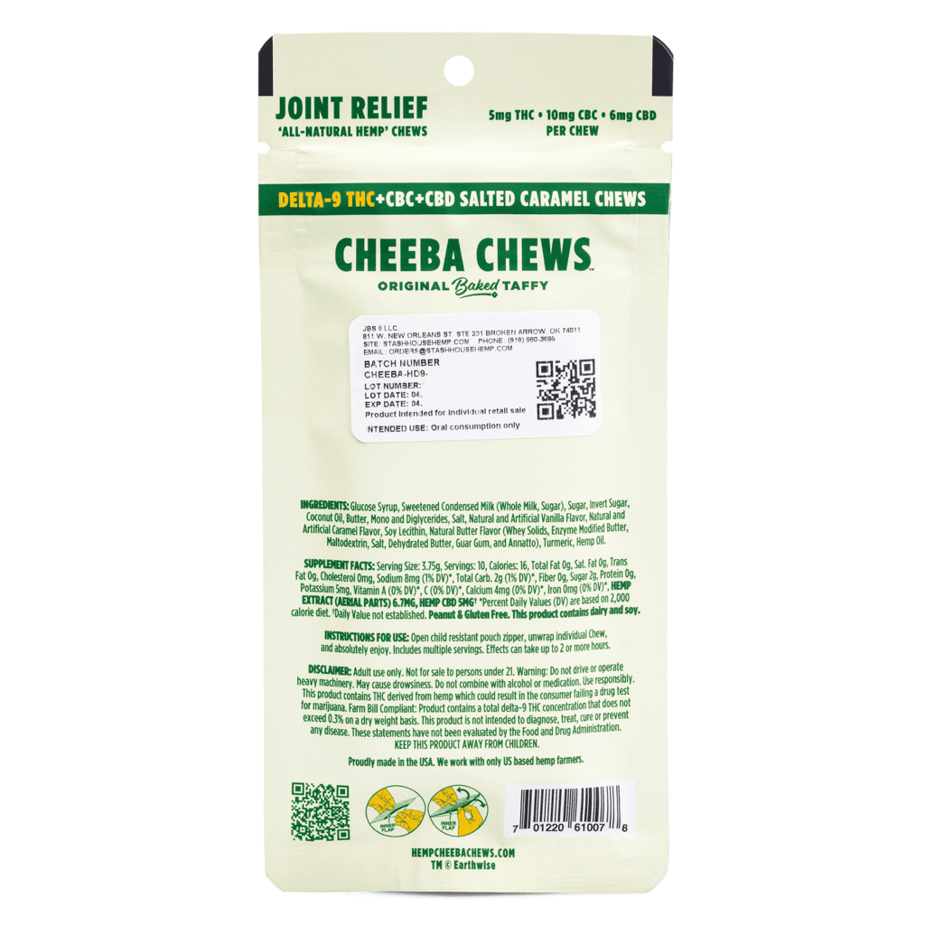 Cheeba Chews Delta 9 and CBC and CBD Salted Caramel Chews - Joint Relief (50 mg Total Cannabinoids) - Bag Back