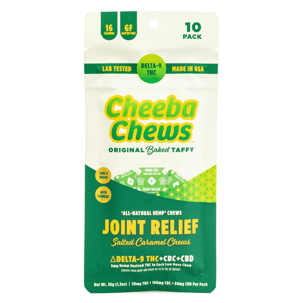 Cheeba Chews Delta 9 and CBC and CBD Salted Caramel Chews - Joint Relief (50 mg Total Cannabinoids) - Bag Front