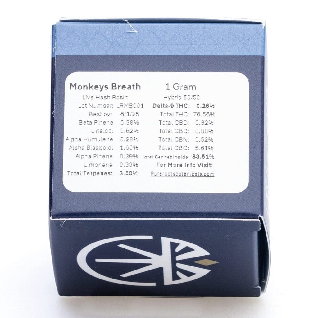 Pure Roots Botanicals THCa Live Rosin Concentrate - Monkey Breath (1 gram) - Box Back