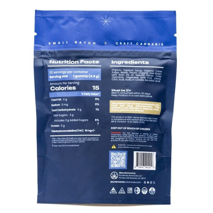Pure Roots Botanicals THC Live Rosin Gummies - Blueberry Blast (200 mg Total Delta 9 THC) - bag back