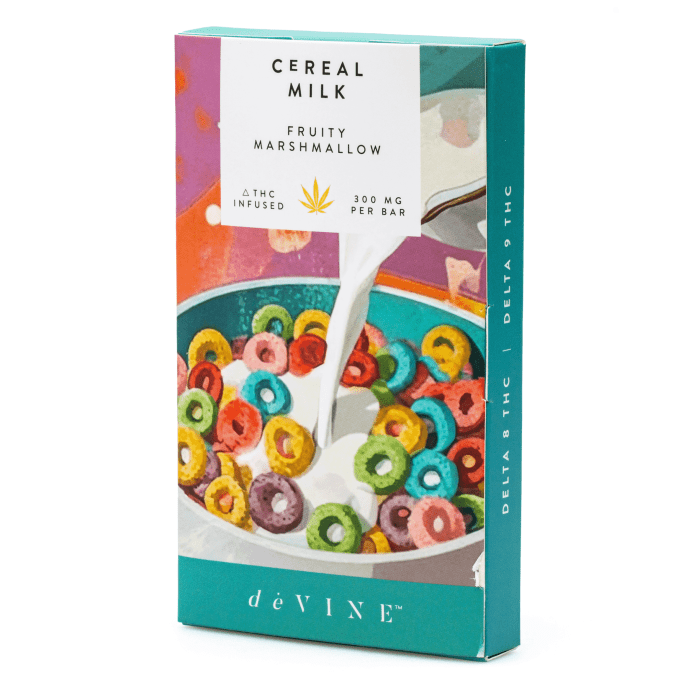 DeVINE Naturals Delta 8 and Delta 9 THC Cannabis Confections Chocolate Bar - Cereal Milk - box front