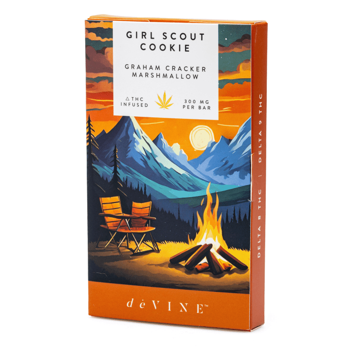 DeVINE Naturals Delta 8 and Delta 9 THC Cannabis Confections Chocolate Bar - Girl Scout Cookie - box front