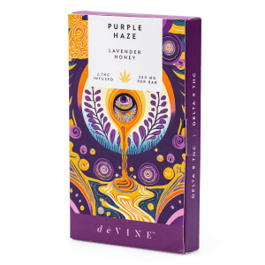 DeVINE Naturals Delta 8 and Delta 9 THC Cannabis Confections Chocolate Bar - Purple Haze - box front