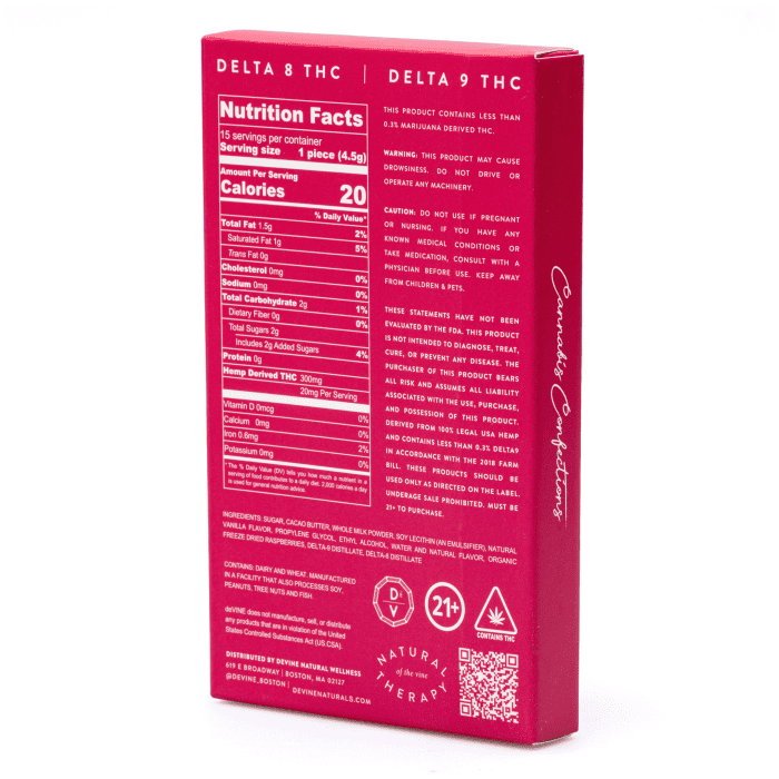 DeVINE Naturals Delta 8 and Delta 9 THC Cannabis Confections Chocolate Bar - Wedding Cake - box back