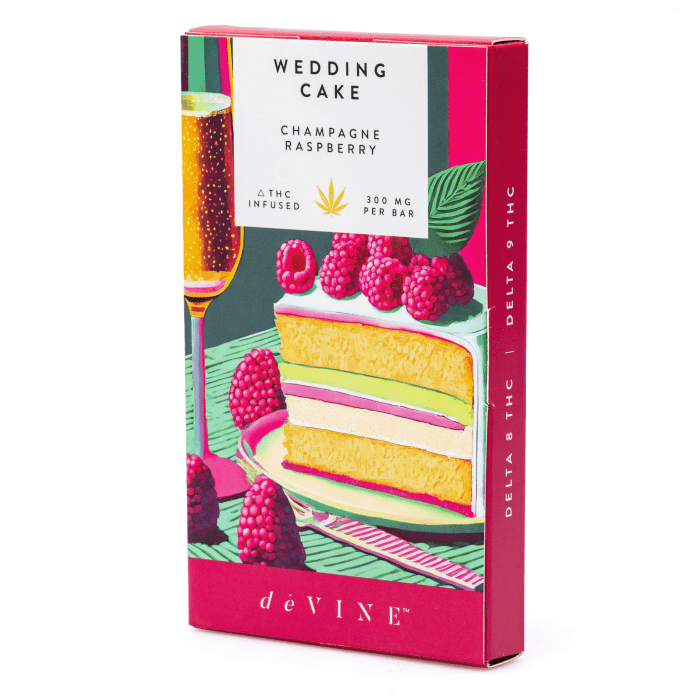 DeVINE Naturals Delta 8 and Delta 9 THC Cannabis Confections Chocolate Bar - Wedding Cake- box front
