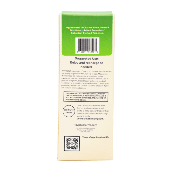 Haygood THCa and Live Resin Disposable Vape - Hawaiian Haze Sativa (2 gram) - box back