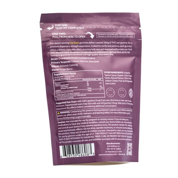 Erth Wellness THC Live Resin Gummies - Granddaddy Purple - Bag Back