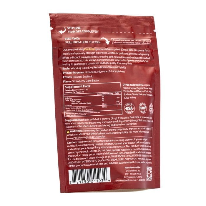 Erth Wellness THC Live Resin Gummies - Wedding Cake - Bag Back