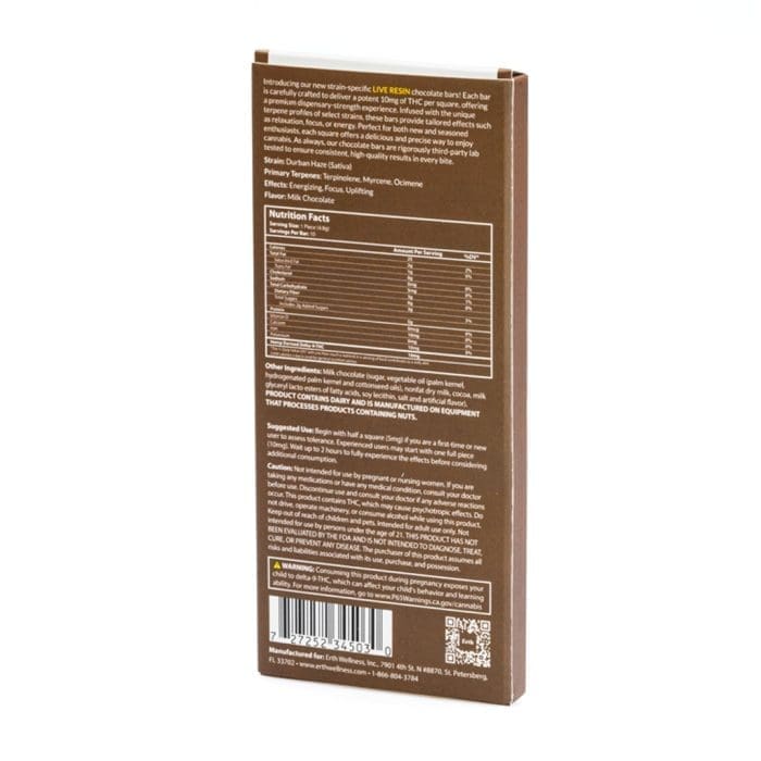 Erth Wellness Delta 9 THC Live Resin Chocolate Bar - Durban Haze Sativa - box back