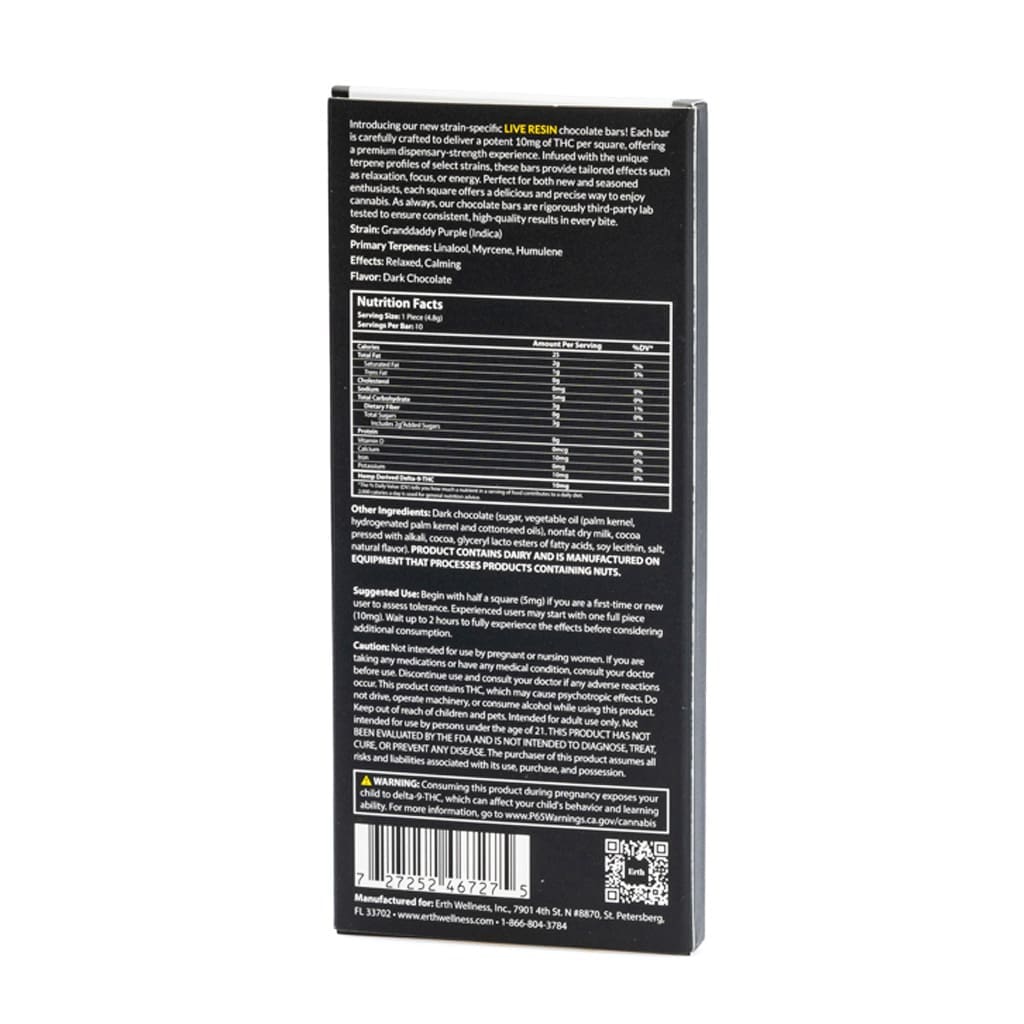 Erth Wellness Delta 9 THC Live Resin Chocolate Bar - Granddaddy Purple Indica - box back
