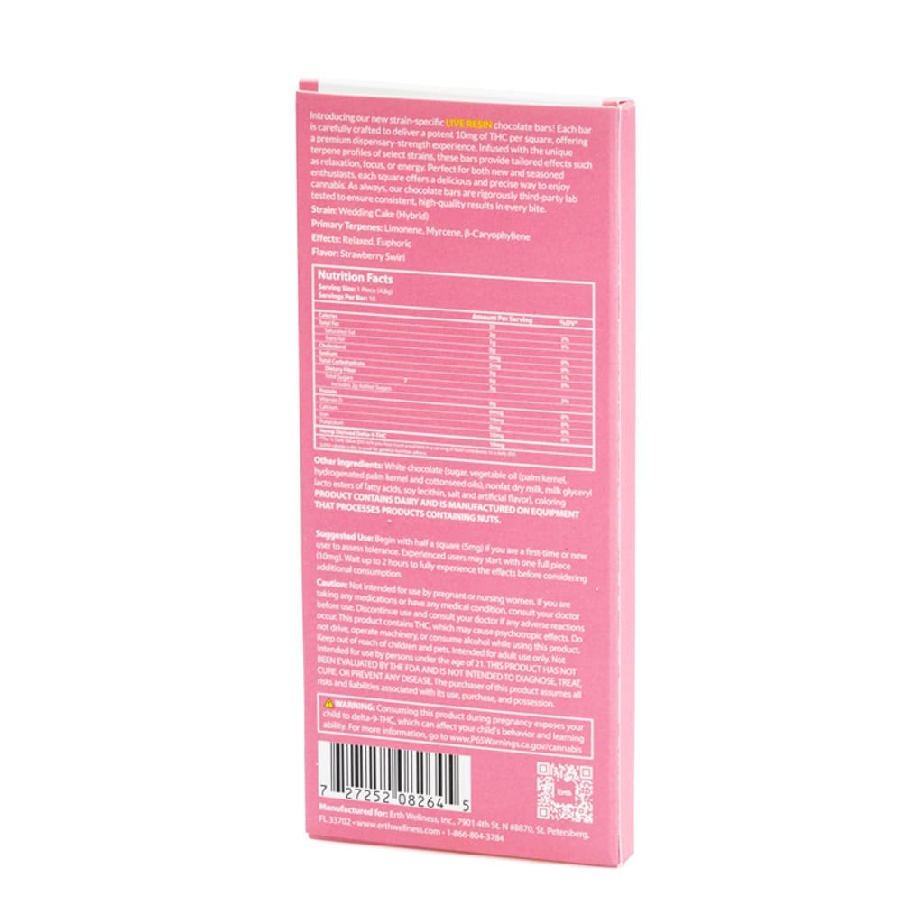 Erth Wellness Delta 9 THC Live Resin Chocolate Bar - Wedding Cake Hybrid - box back
