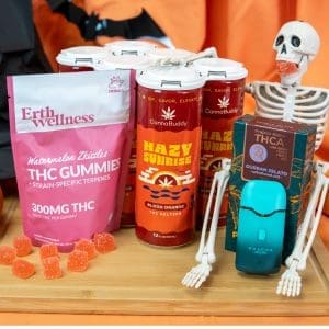 Product image of the Boo-Yah Bundle containing Erth Wellness gummies, a PharmaTHC disposable, and CannaBuddy Hazy Sunrise THC seltzers.