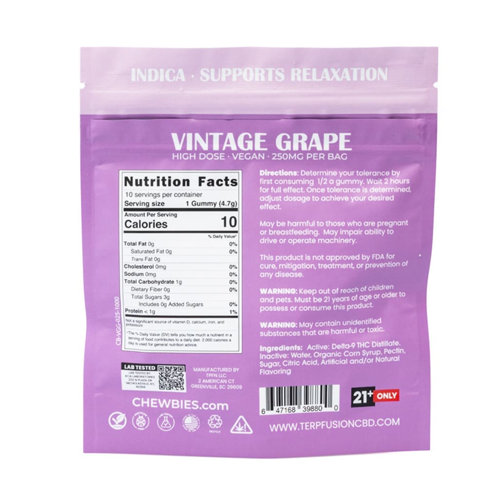 Chewbies Delta 9 THC Gummies - Vintage Grape Indica - bag back