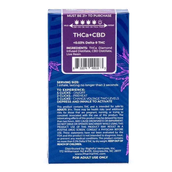 PharmaTHC THCa Diamond Infused and Live Resin 3 Gram Indica Disposable Vape - Blueberry Muffin - Box Back